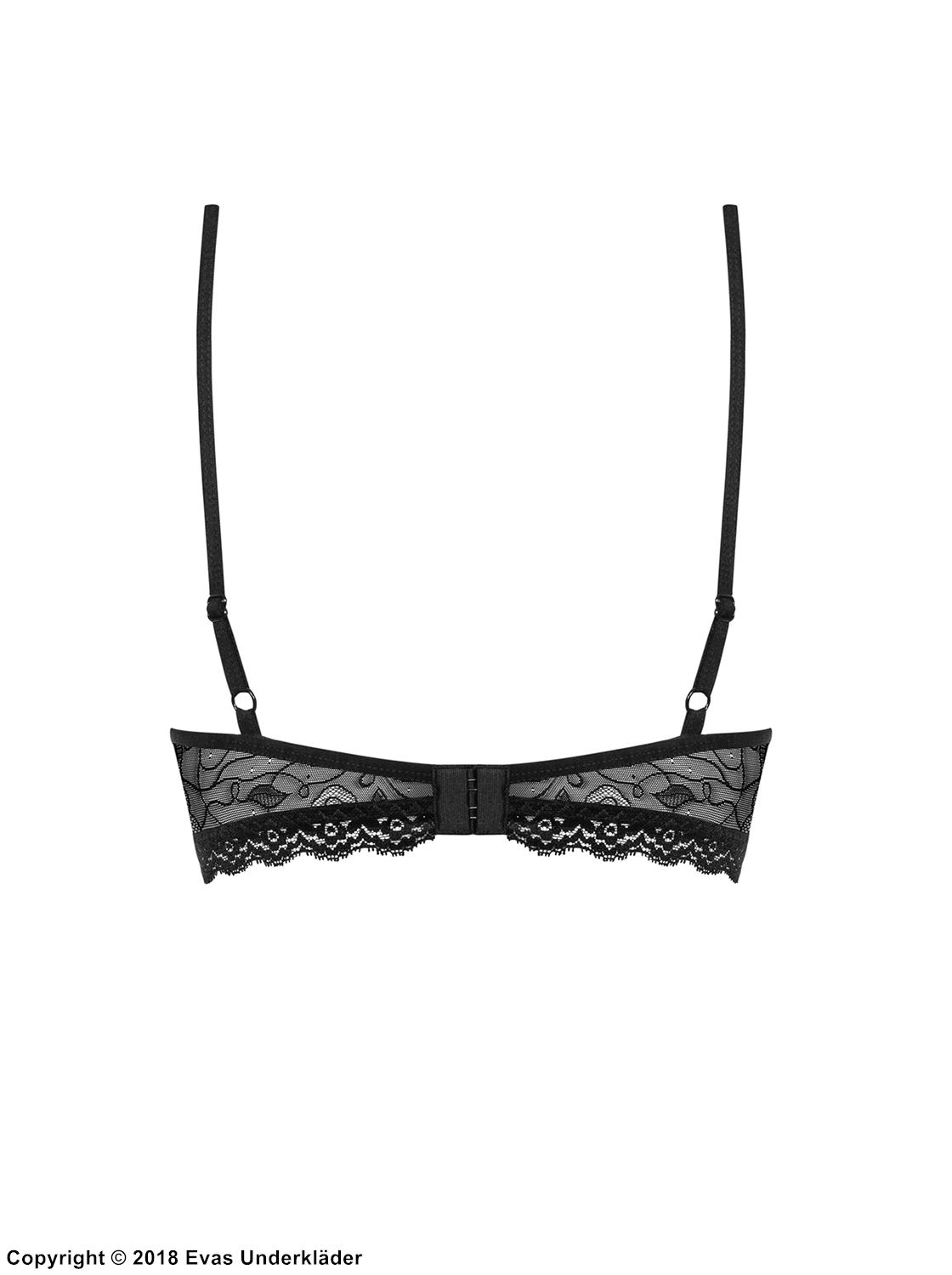 Seductive bra, transparent lace, rhinestones, straps over bust